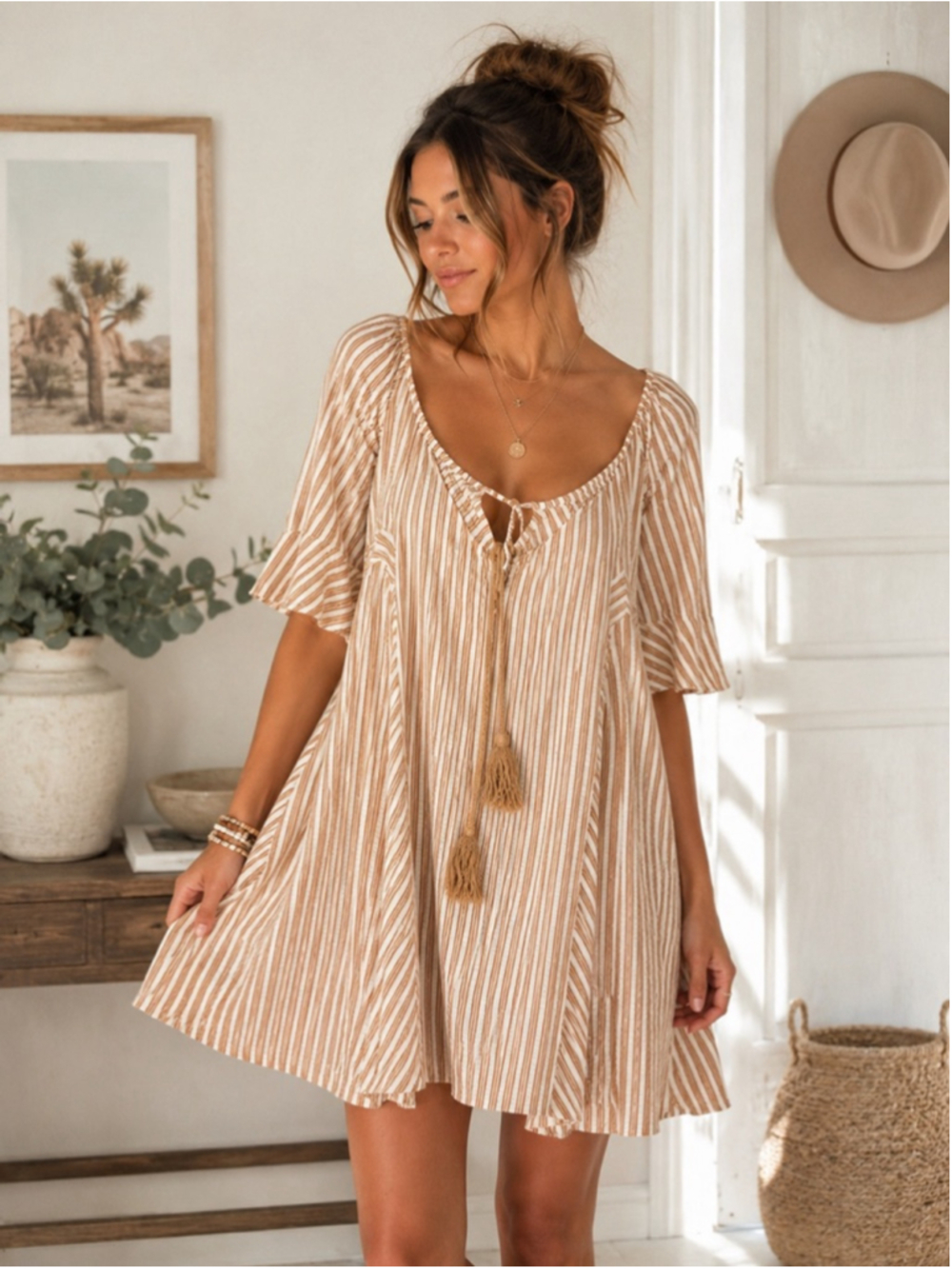 Easel Los Angeles Boho Striped Swing Dress L Cream Tan Tassel Tunic Cottagecore